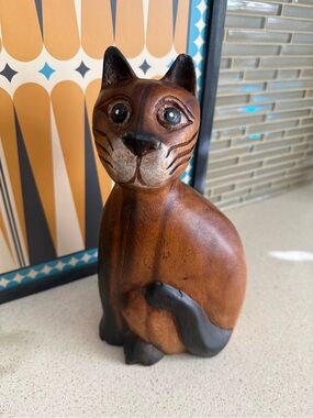 Vintage Mid-Century Hand-Carved Wooden Siamese Cat Figurine